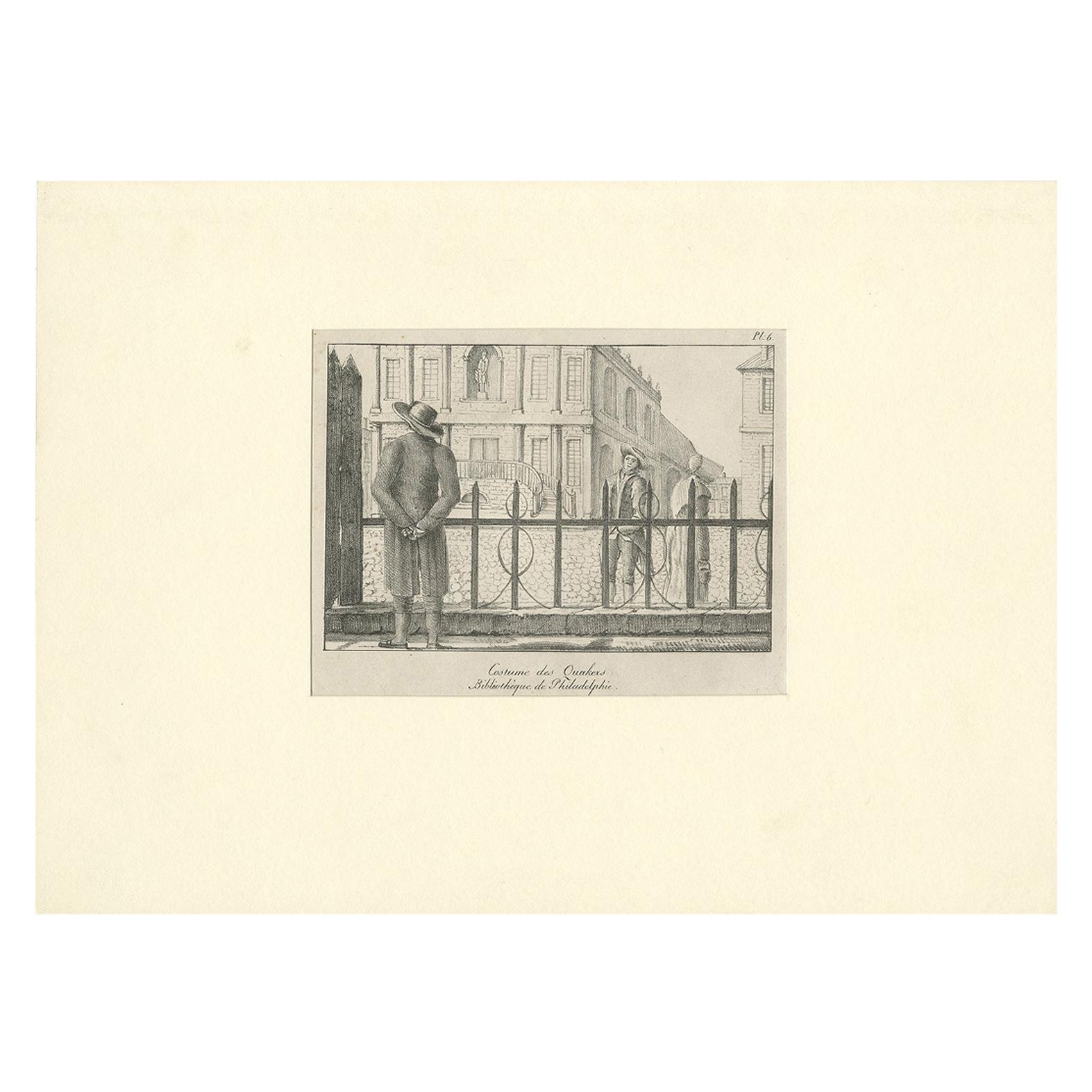 Antique Print of a Quaker Man and Woman Near the Library Company of Philadelphia