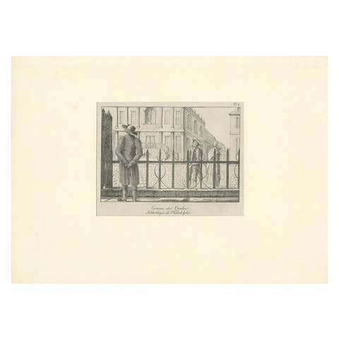 Antique Print of a Quaker Couple Near the Library Company of Philadelphia, 1821
