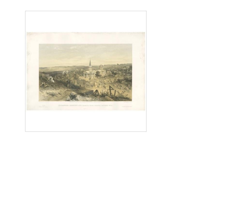 Antique print titled 'Quarantine cemetery and church, with French battery no. 50'. Print shows a church and cemetery, and French soldiers at a battery on the left. This print originates from 'The Seat of the War in the East' by W. Simpson. Published