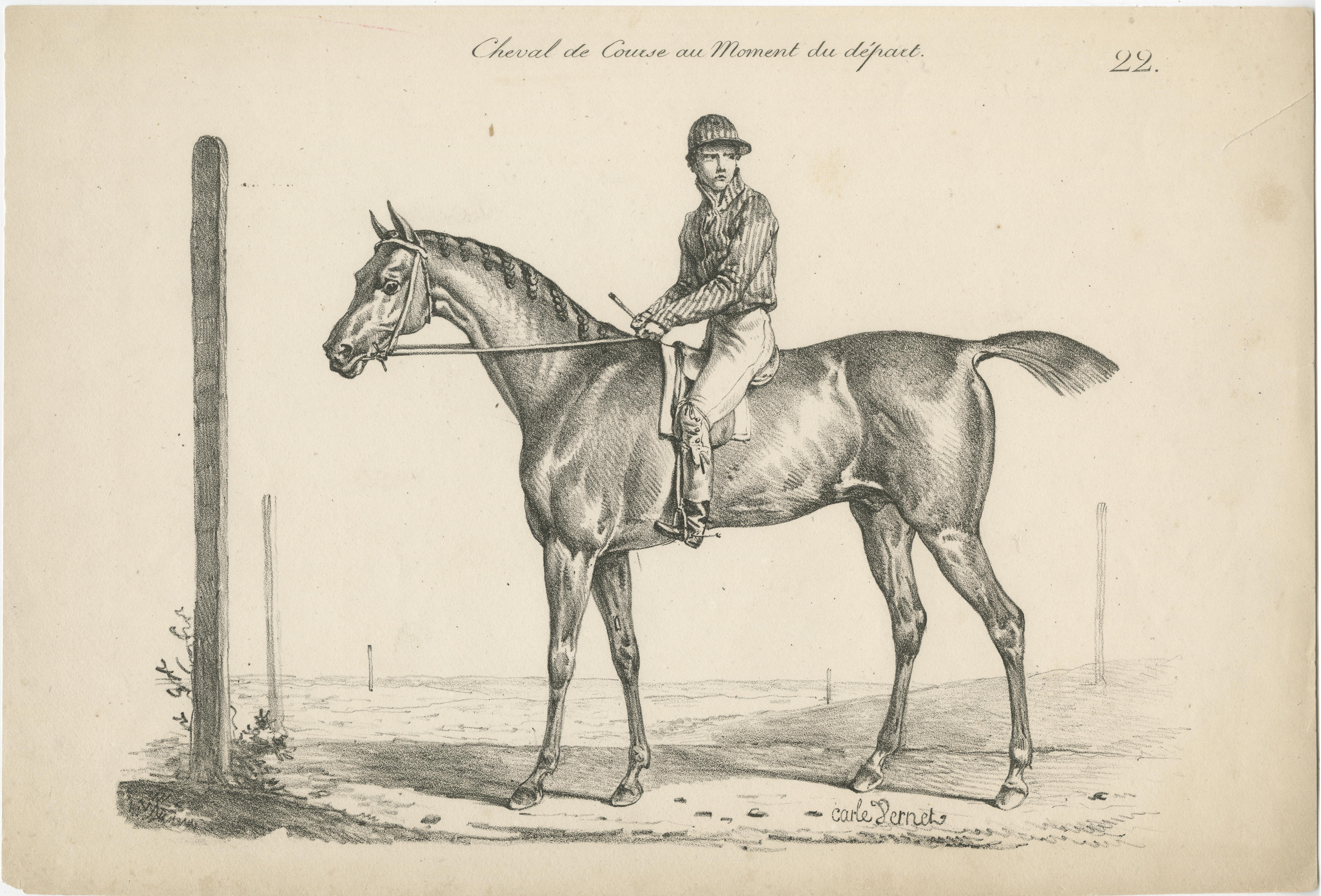 Antique print titled 'Cheval de Course au Moment du départ'. Original old print of a race horse and jockey at the start. Made after a painting by Carle Vernet. Published circa 1890.