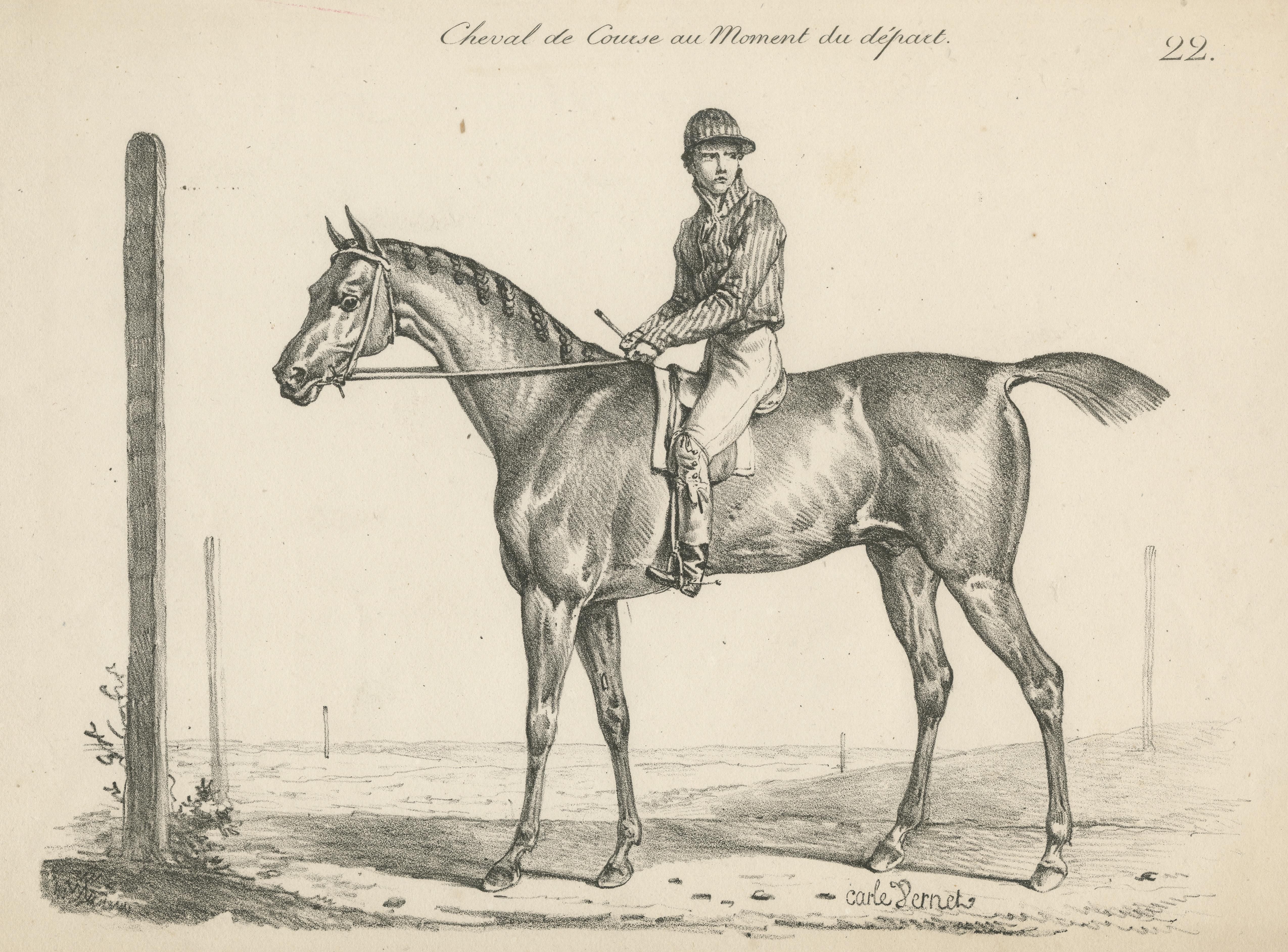 Antique Print of a Race Horse and Jockey at the Start In Fair Condition For Sale In Langweer, NL