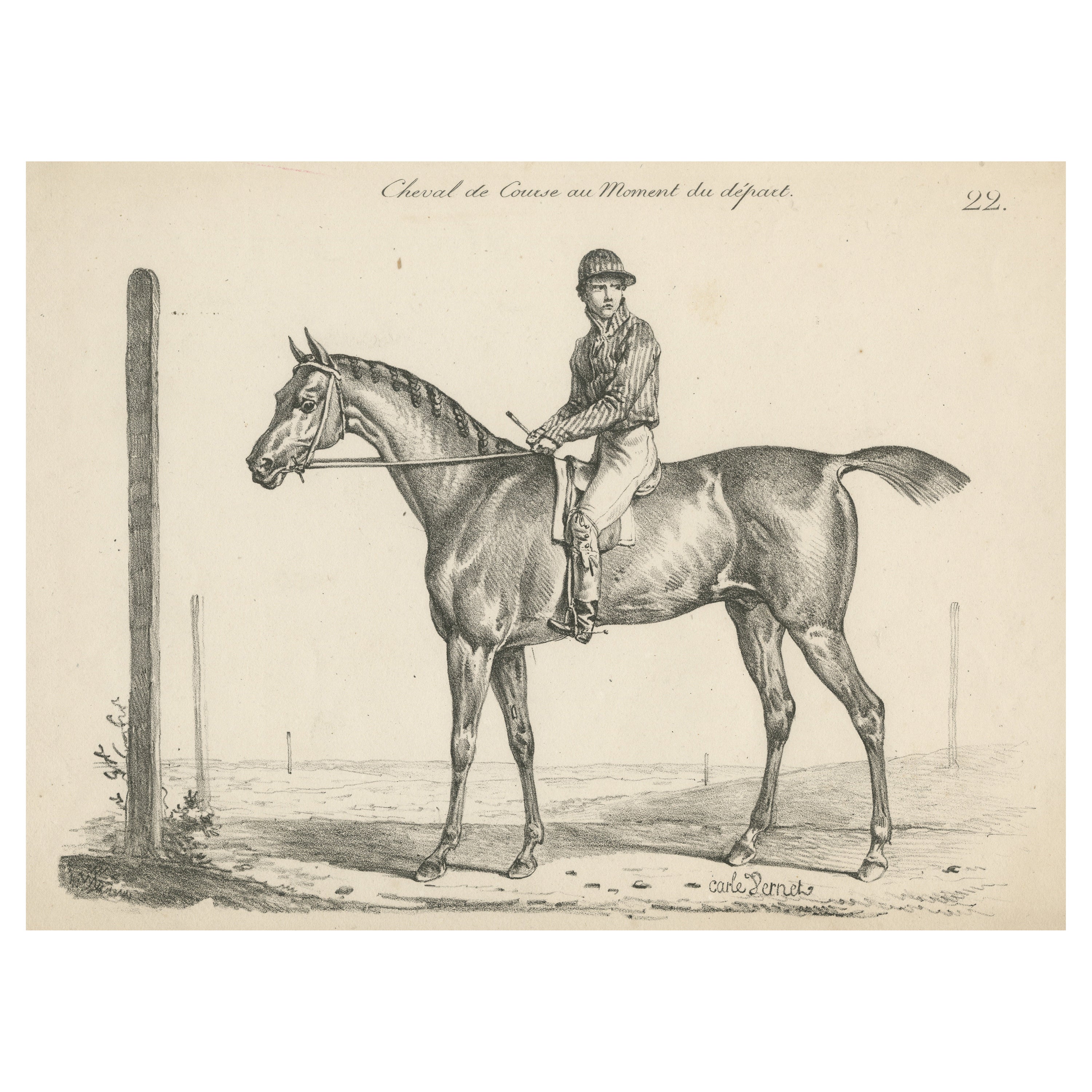 Impression ancienne d'un cheval de course et de Jockey au départ
