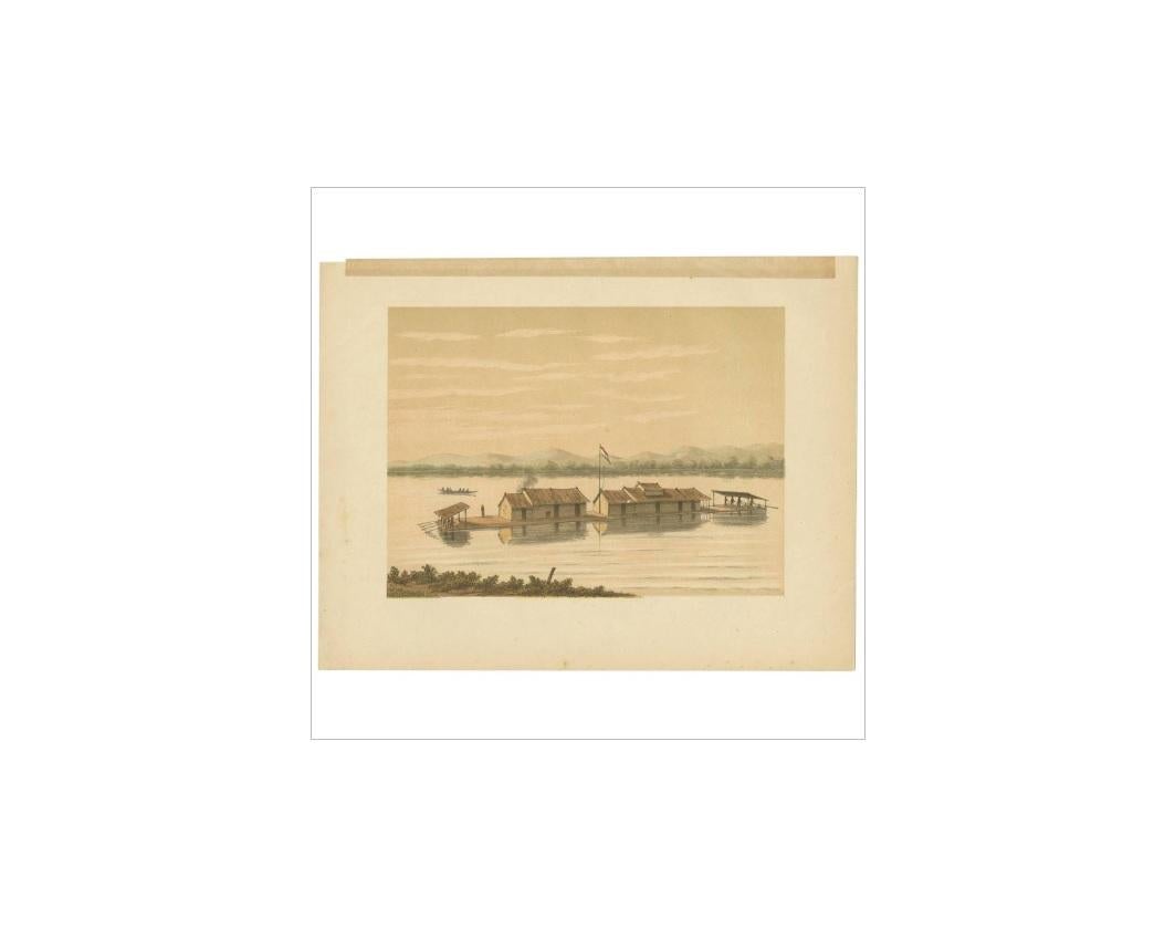Antique print of a raft of the Dusun people. Dusun is the collective name of a tribe or ethnic and linguistic group in the Malaysian state of Sabah of North Borneo. Indonesia. This print originates from 'Het Kamerlid van Berkestein in
