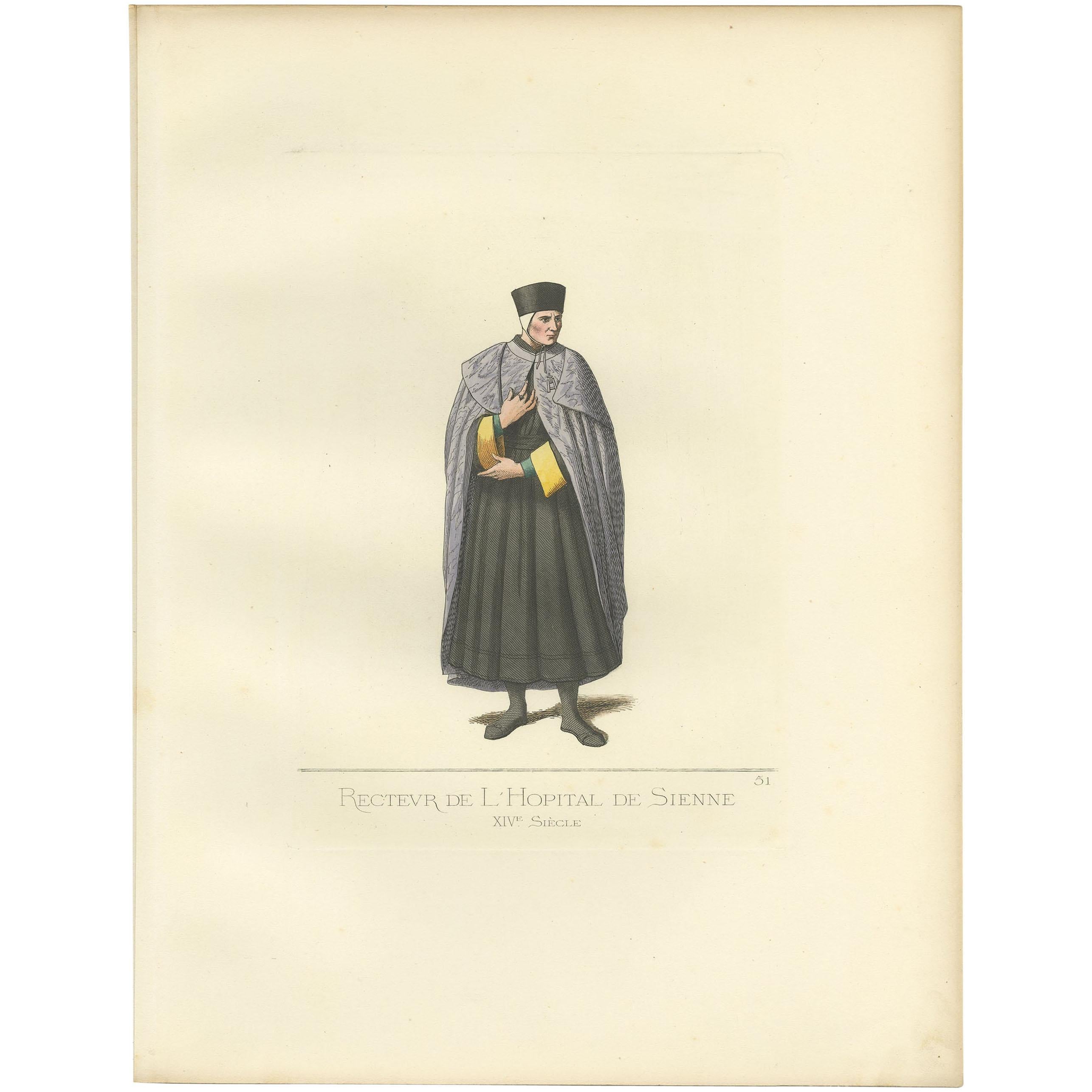 Antique Print of a Rector of the Hospital of Siena in Italy by Bonnard, '1860' For Sale