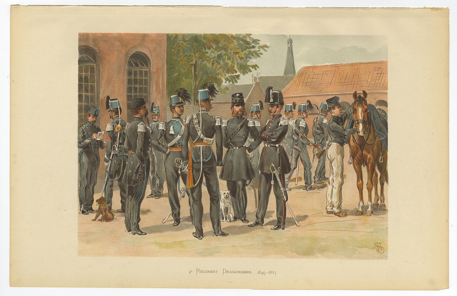 Antique print, titled: '4e Regiment Dragonders 1849-1867.' - This plate shows the 4th. Regiment Dragoons of the Dutch army 1849-1867. 

From ´De uniformen van de Nederlansche Zee- en Landmacht hier te lande en in de kolonien, naar aquarellen of