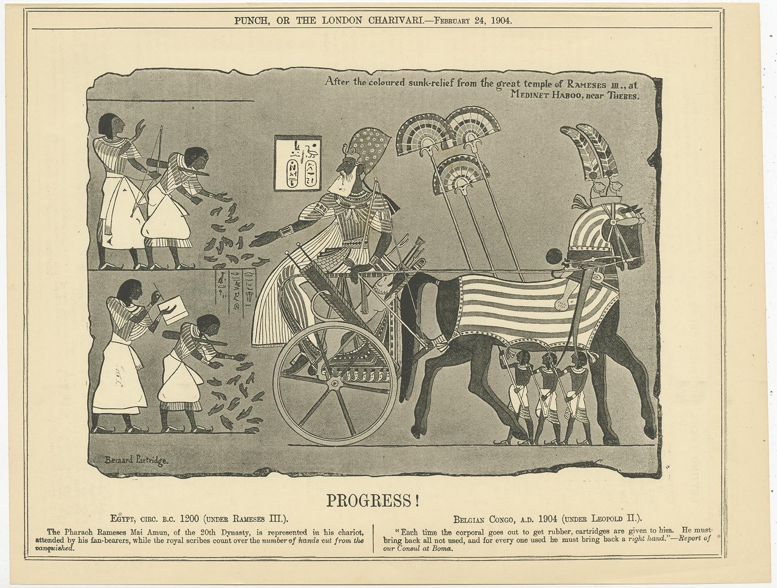 Antique print titled 'Progress!'. Print of a sculptural relief from the great temple of Ramesses III (Medinet Habu). This print originates from 'Punch or The London Charivari', a British weekly magazine of humour and satire established in 1841 by