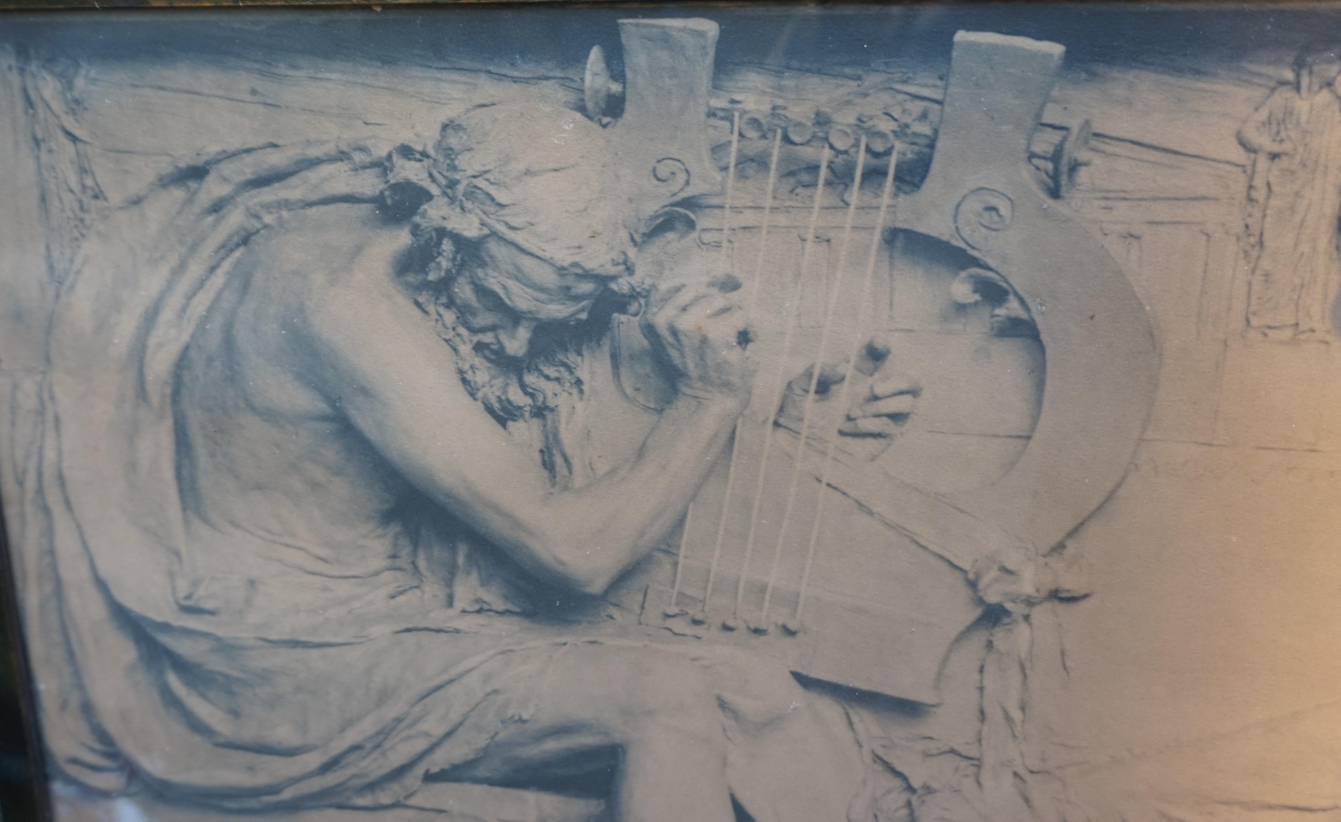 German Antique Print of a Relief Sculpture of Homer by H. Bates in Jugendstil Era Frame