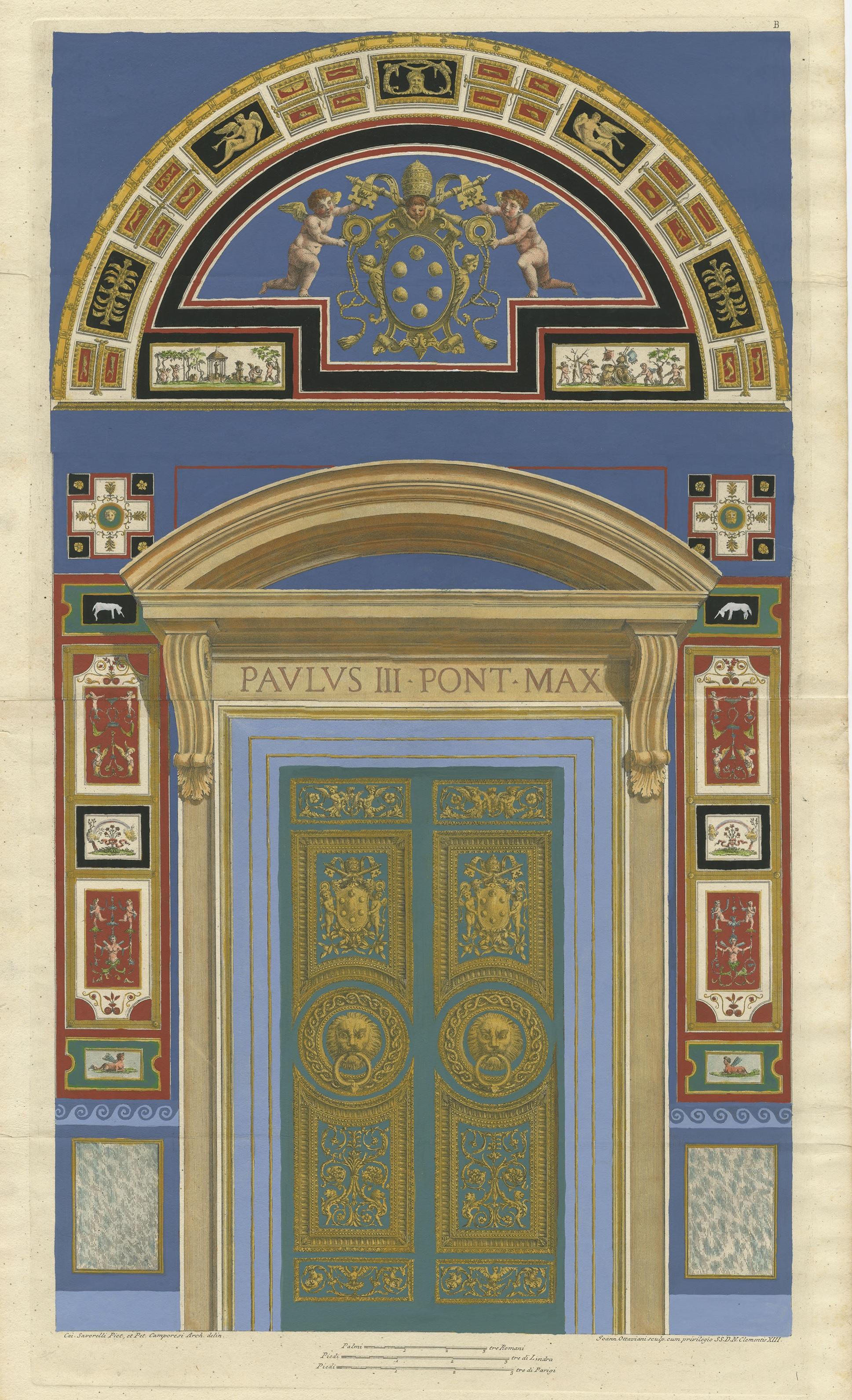 Antique print of a religious fresco or decorative pilaster. This print originates from 'Logge di Rafaele nel Vaticano'. Plates from this work are after the elaborate paintings found in the Vatican by Raphael (Rafaello) Sanzio d’Urbino. Engraved by