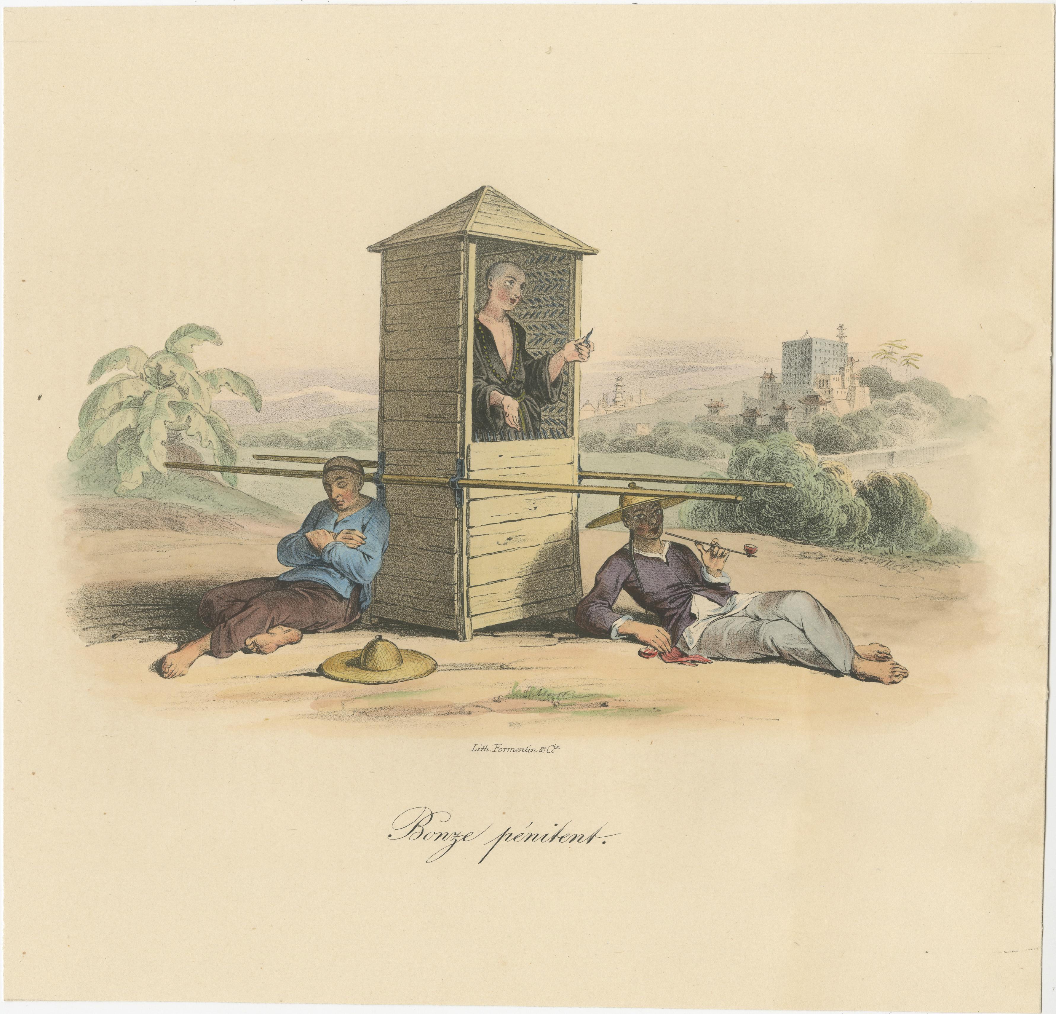 Antique print titled 'Bonze pénitent'. A shaven-headed religious man (possibly a monk) spends reflective time in a spike - lined sedan chair in China in penitent repose. Published by Formentin & Cie, circa 1830.