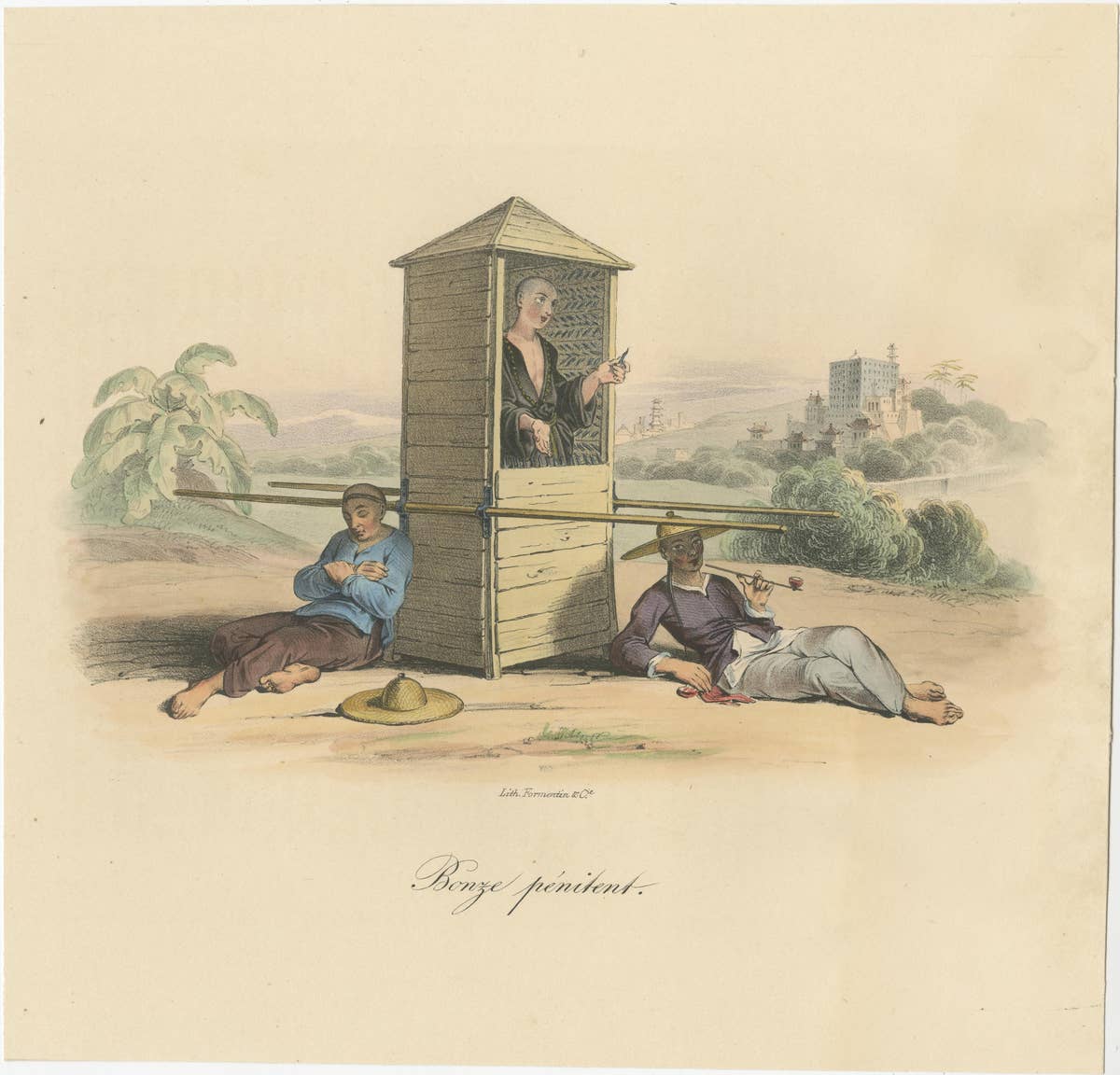 Antique Print of a Religious Man in a Sedan Chair, China