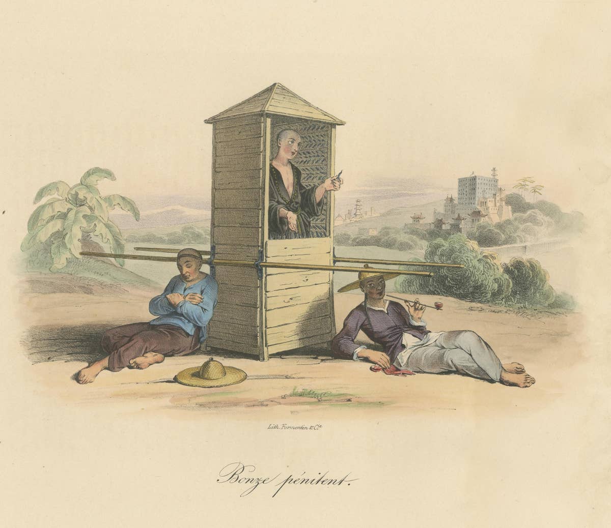 Antique Print of a Religious Man in a Sedan Chair, China