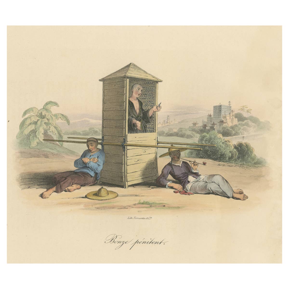 Antique Print of a Religious Man in a Sedan Chair, China