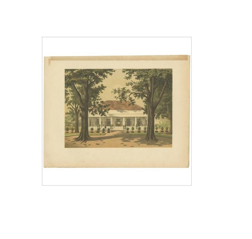 Antique print of a residence in Padang, Java, Indonesia. This print originates from 'Het Kamerlid van Berkestein in Nederlandsch-Indie.', (translation: van Berkestein, member of the Dutch Parliament in the Dutch East-Indies.) by M.T.H. Perelaer,