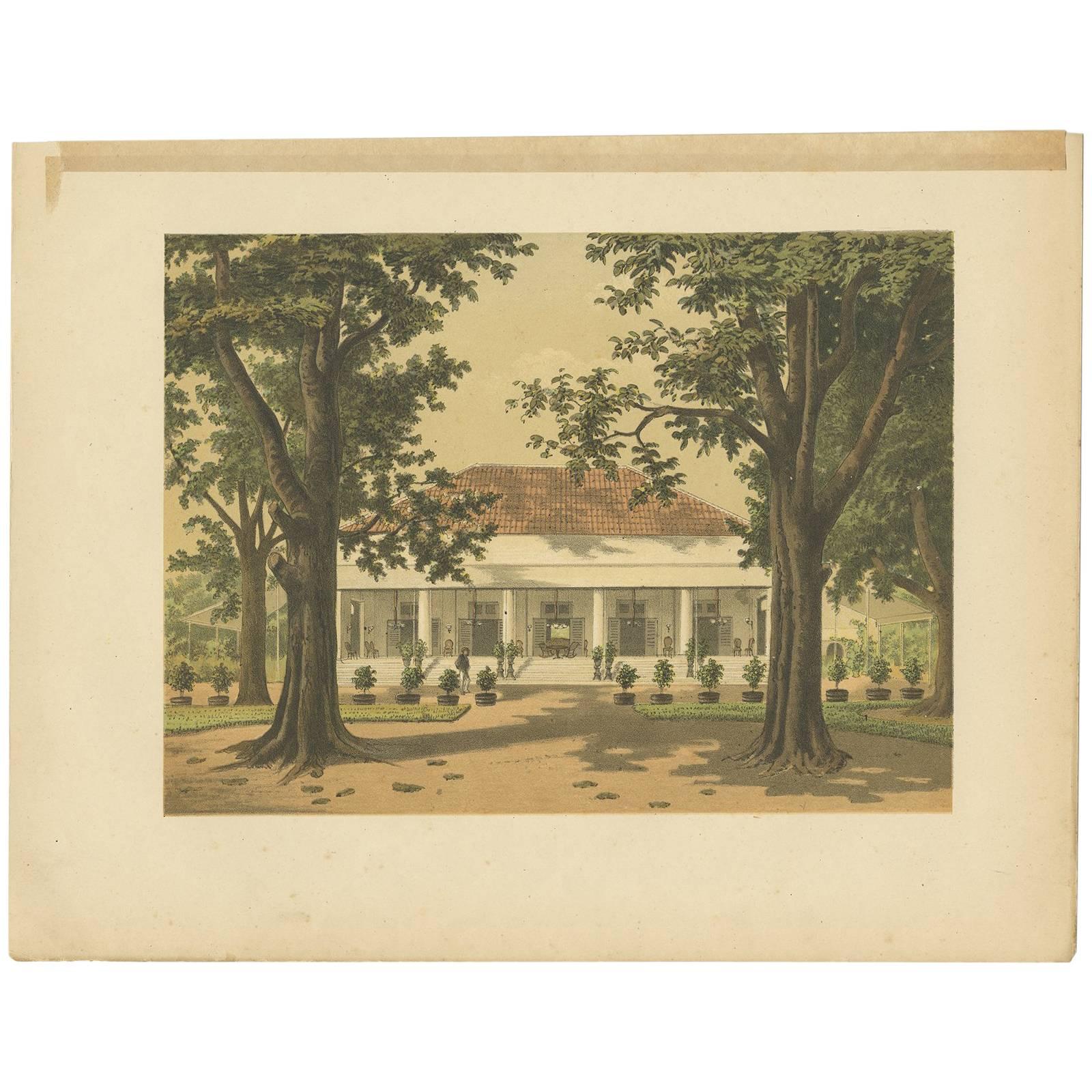Grabado antiguo de una residencia en Padang 'Java' por M.T.H. Perelaer, 1888