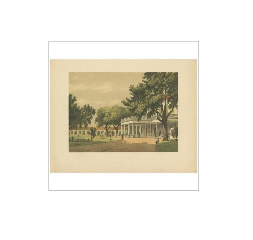 Antique print of a residential house in Surabaya (or Soerabaja), Surabaya is Indonesia's second-largest city, and the capital of the province of East Java, Indonesia. This print originates from 'Het Kamerlid van Berkestein in Nederlandsch-Indie.',