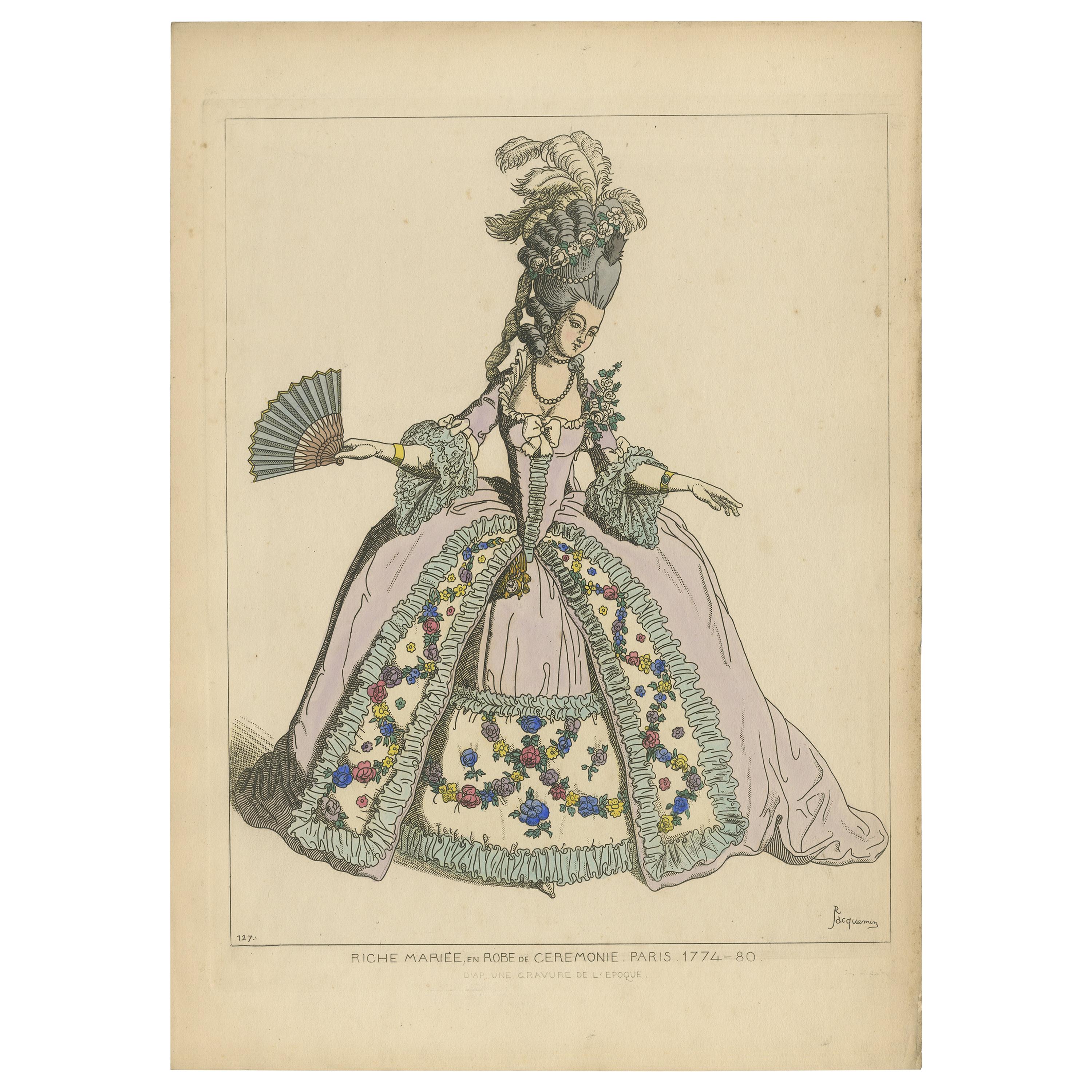 Antique Print of a Rich Bride in Formal Dress by Jacquemin, 'c.1870' For Sale