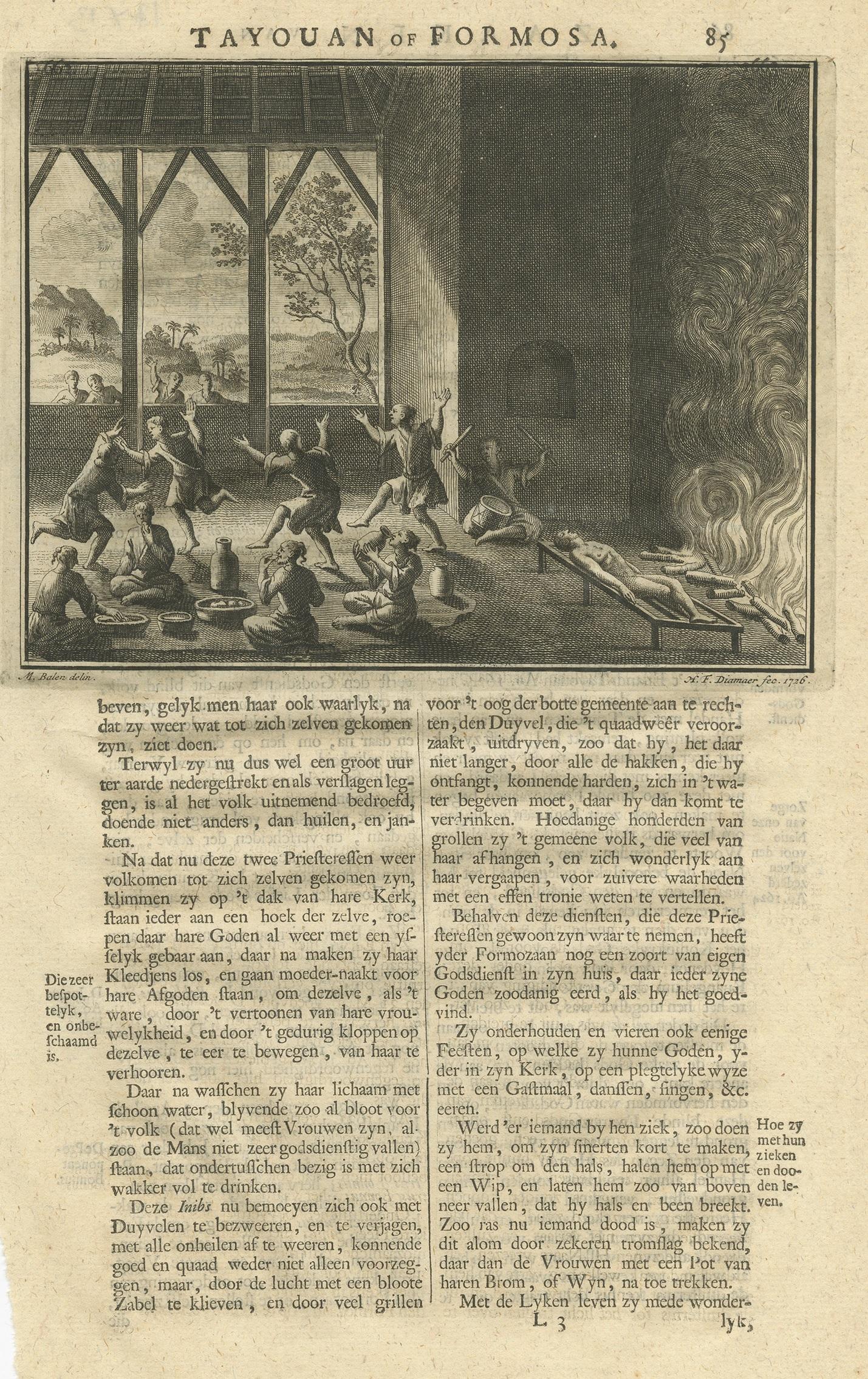 Untitled print of a ritual on Formosa / Taiwan. Text on verso. This print originates from 'Oud en Nieuw Oost-Indiën' by F. Valentijn.