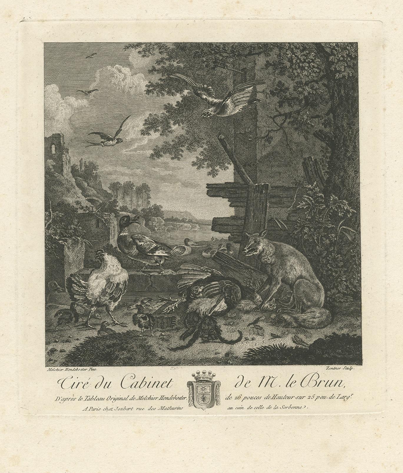 Stampa antica di un paesaggio fluviale con volpe e uccelli di Le Brun (1792) In condizioni buone in vendita a Langweer, NL