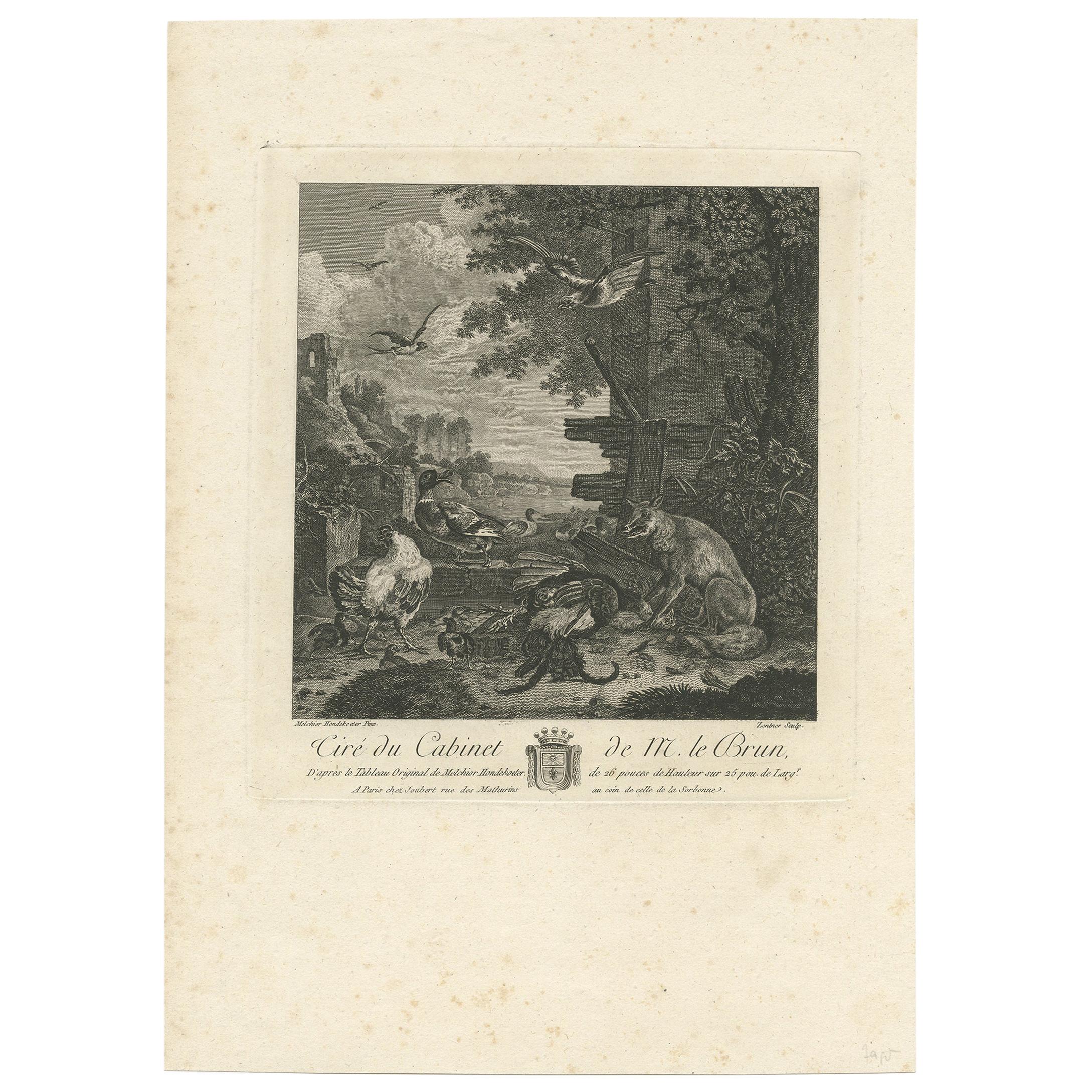 Antique Print of a River Landscape with a Fox and Birds by Le Brun (1792)