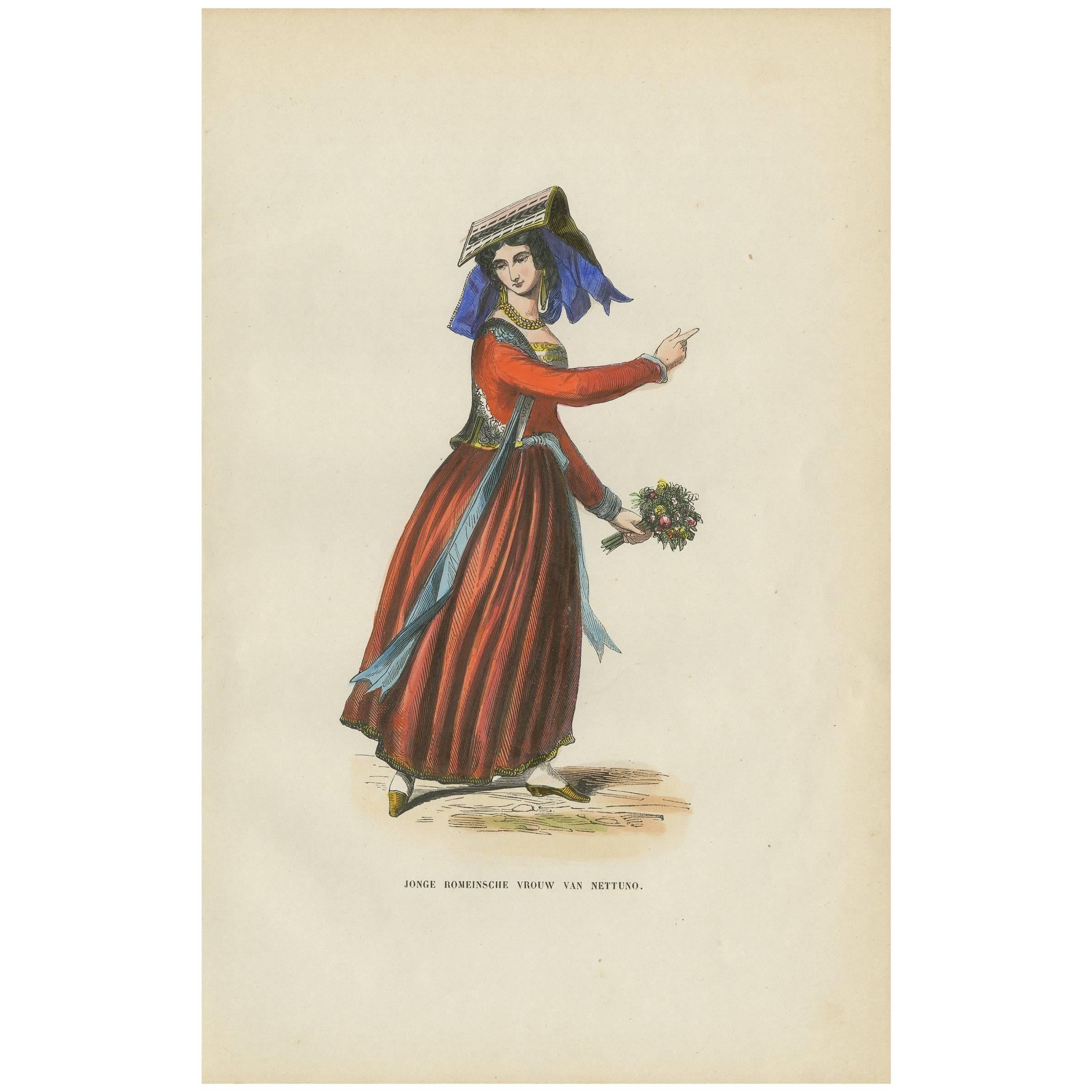 Antiker Druck einer rumänischen Frau aus Nettuno „Italien“ von H. Berghaus, 1855