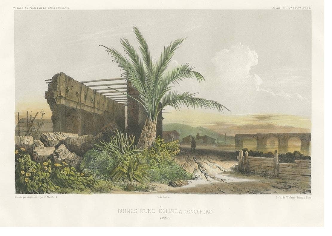 Antique Print of a Ruin in Concepción 'Chile' by D'Urville, circa 1850
