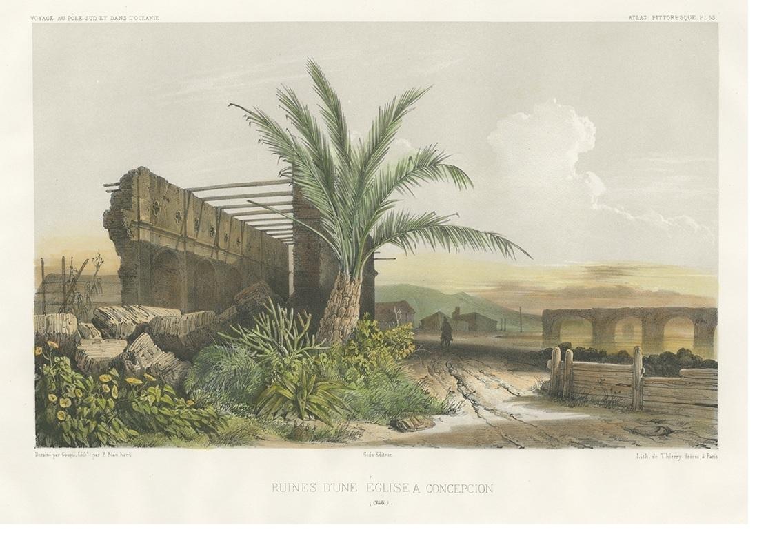 Antique Print of a Ruin in Concepción 'Chile' by D'Urville, 'circa 1850' In Good Condition For Sale In Langweer, NL
