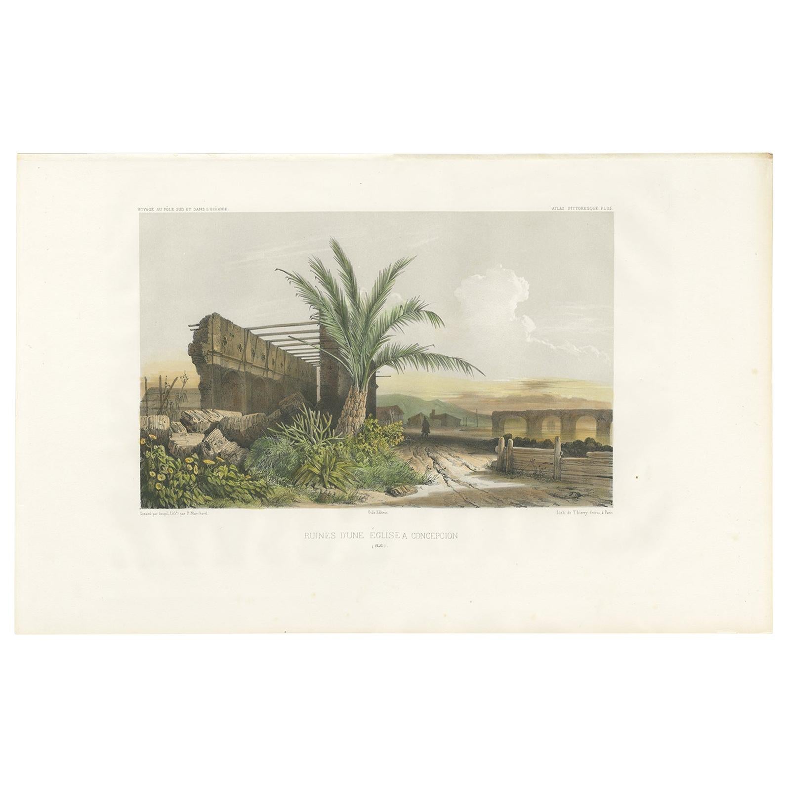 Antique Print of a Ruin in Concepción 'Chile' by D'Urville, 'circa 1850'