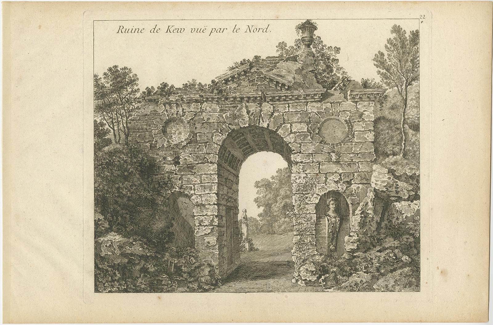 Antique print titled 'Ruin de Kew vuë par le Nord'. 

Copper engraving of a ruin of the Kew gardens. This print originates from 'Jardins Anglo-Chinois à la Mode' by Georg Louis le Rouge. Artists and Engravers: The work of Le Rouge is considered