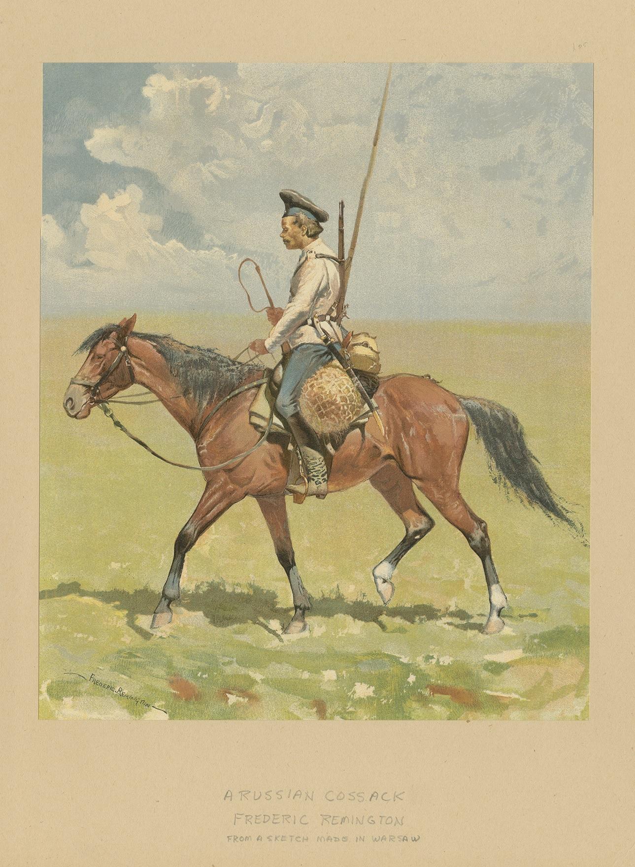 Antique print titled 'A Russian Cossack'. Old color photogravure made after a water color drawing by Frederic Remington. Published circa 1893.