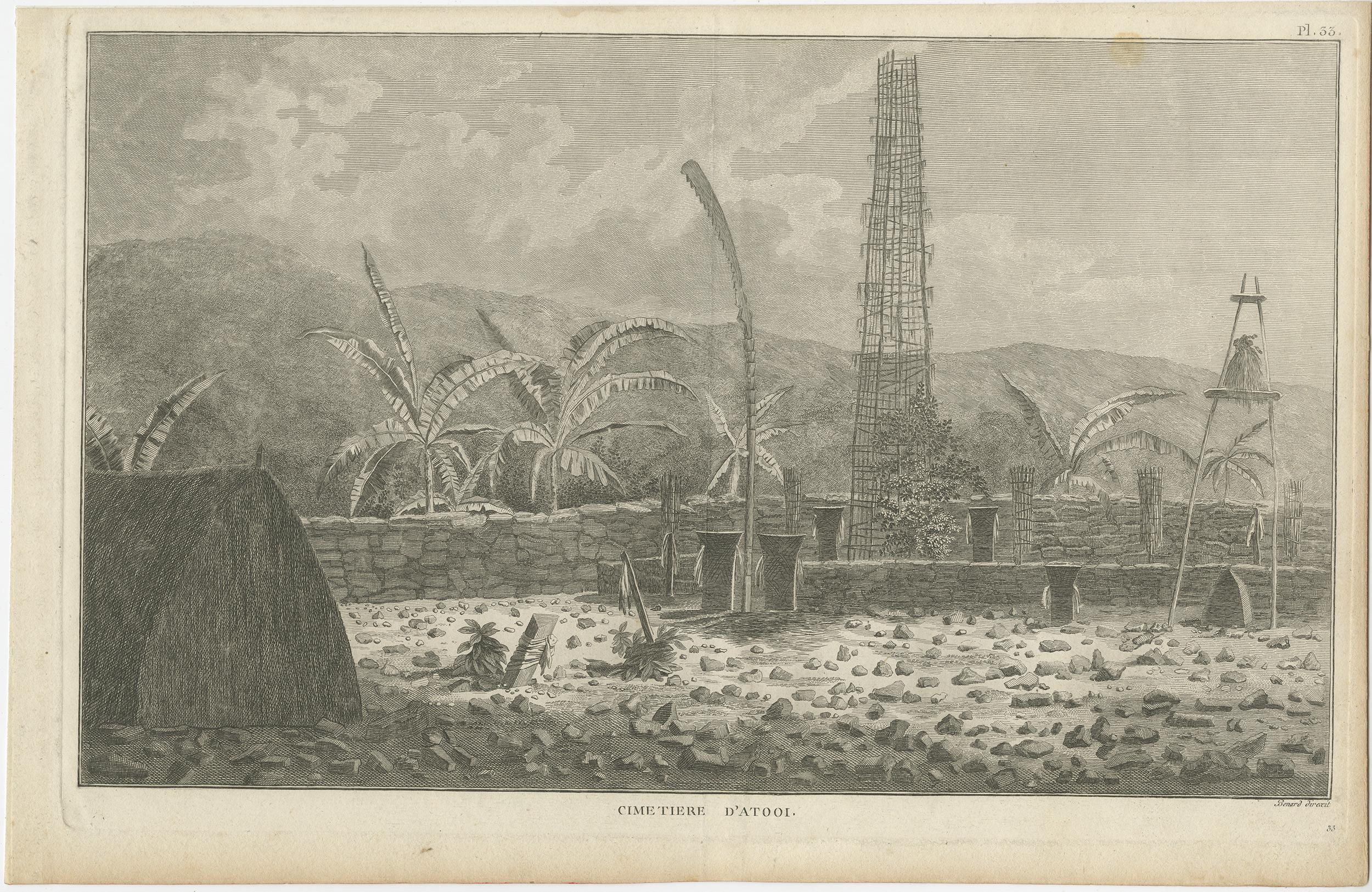 Antique print titled 'Cimetiere d'Atooi'. View of a sacred cemetery on Kauai, Hawaii (Atooi). This print originates from 'Cartes et figures du troisième voyage de Cook' published 1785.