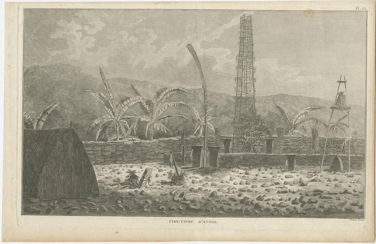 Antique Print of a Sacred Cemetery on Kauai, Hawaii