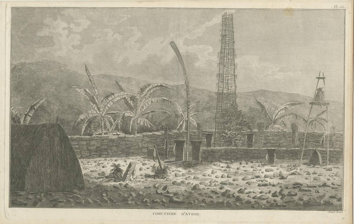 Antique Print of a Sacred Cemetery on Kauai, Hawaii