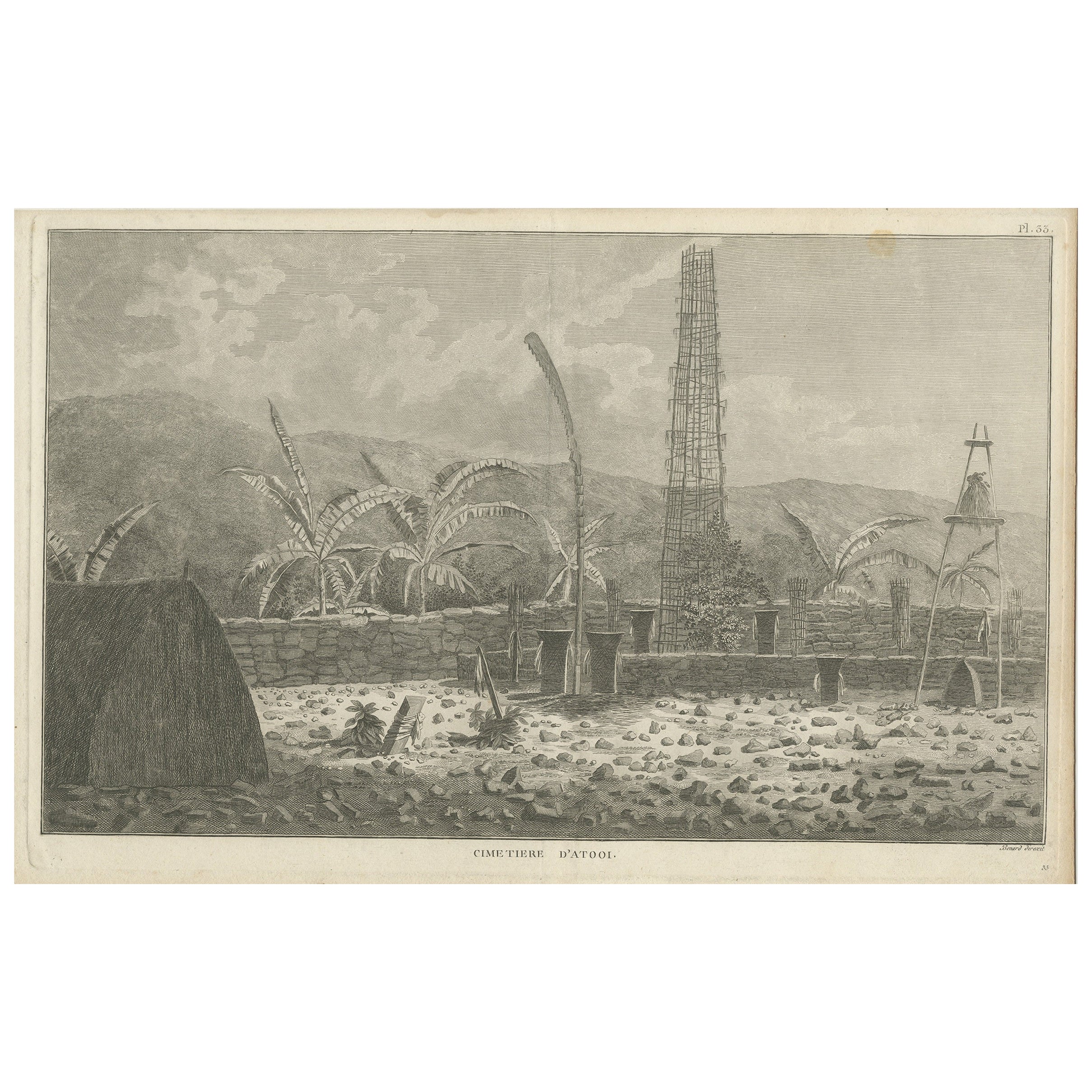 Antique Print of a Sacred Cemetery on Kauai, Hawaii