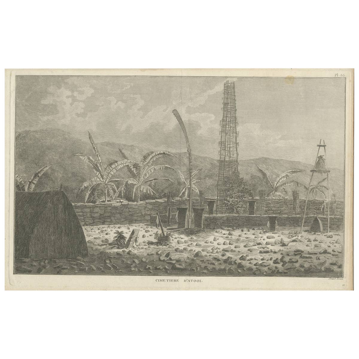 Antique Print of a Sacred Cemetery on Kauai, Hawaii