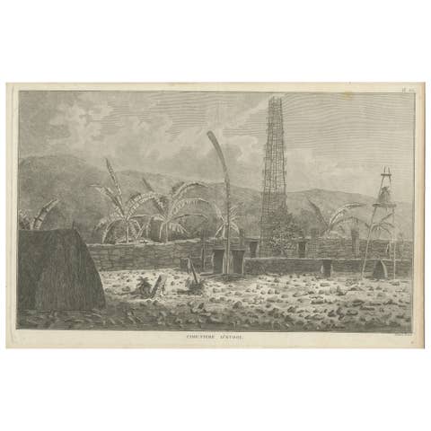 Antique Print of a Sacred Cemetery on Kauai, Hawaii