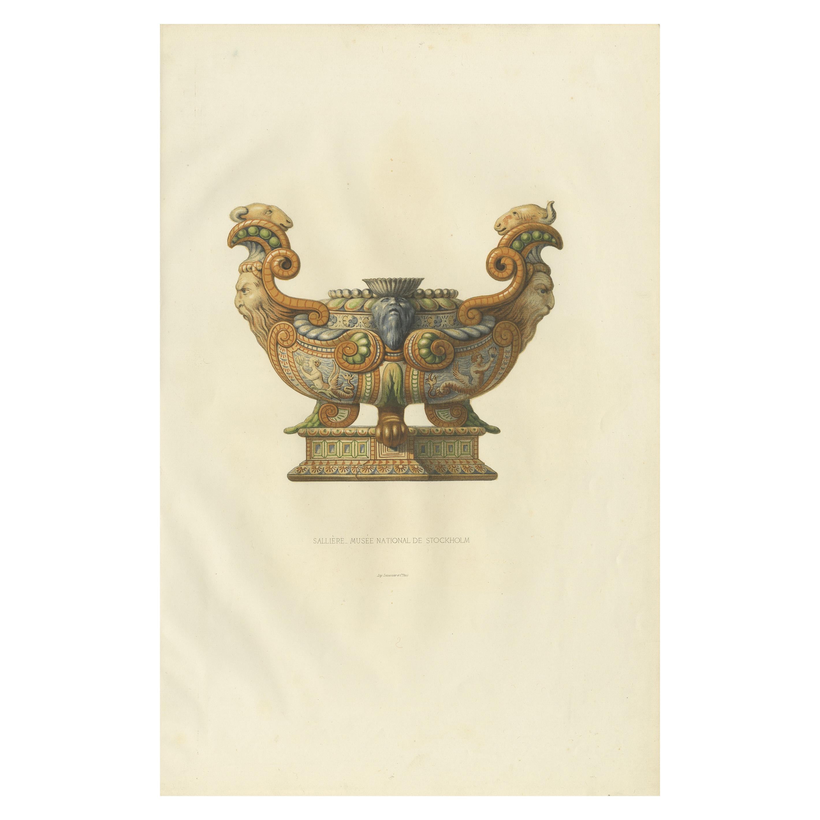 Antique Decorative Print of a Salière of the National museum, Stockholm, '1869' For Sale