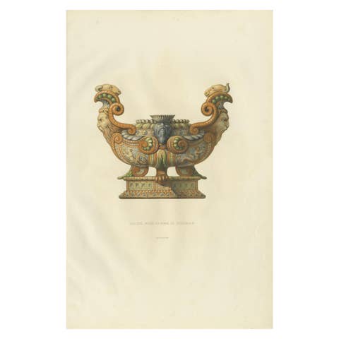 Antique Lithograph of Italian Faience Salière – Nationalmuseum Stockholm, 1869