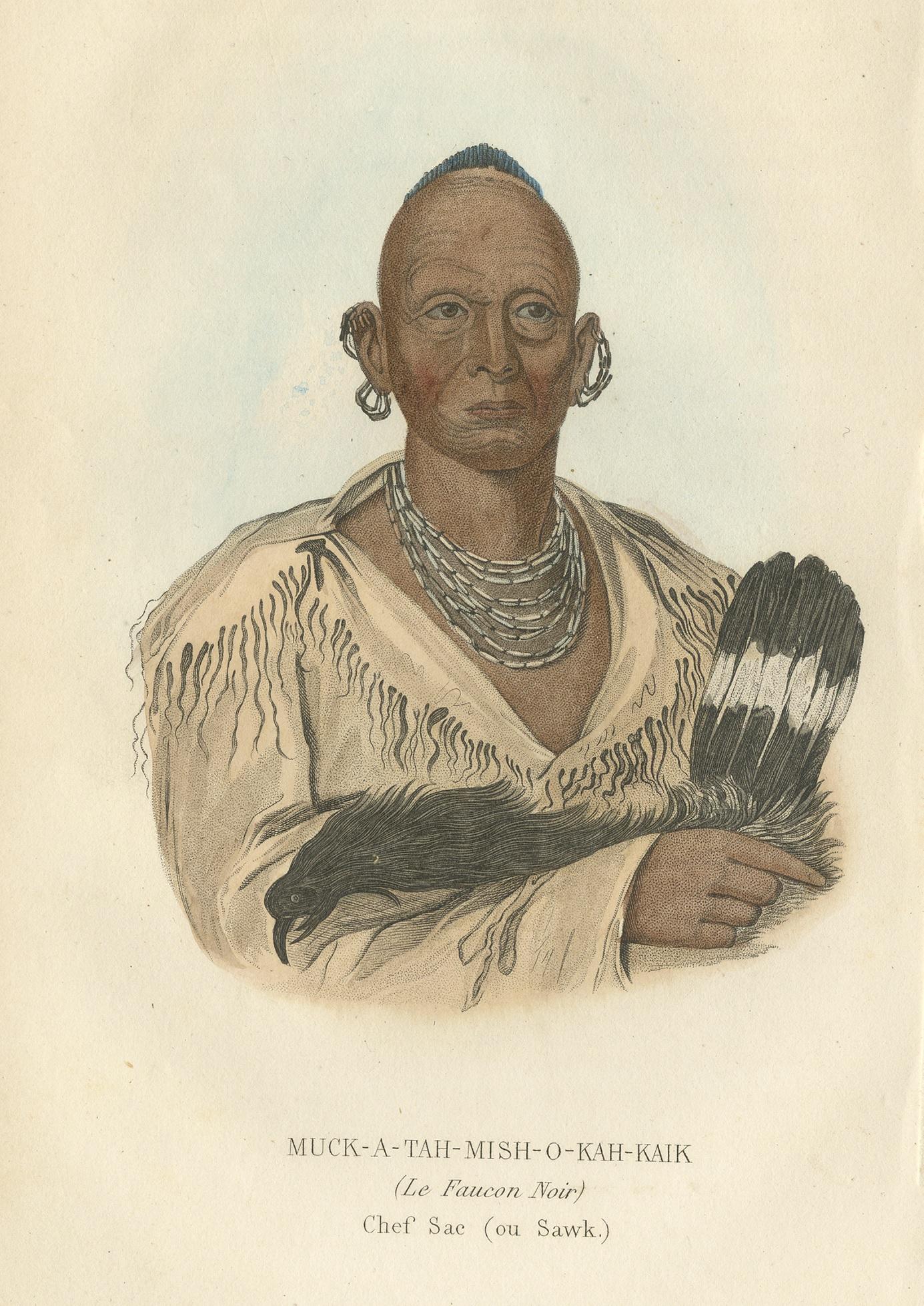 Antique Print of a Sauk Chief by Prichard, 1843 In Good Condition For Sale In Langweer, NL