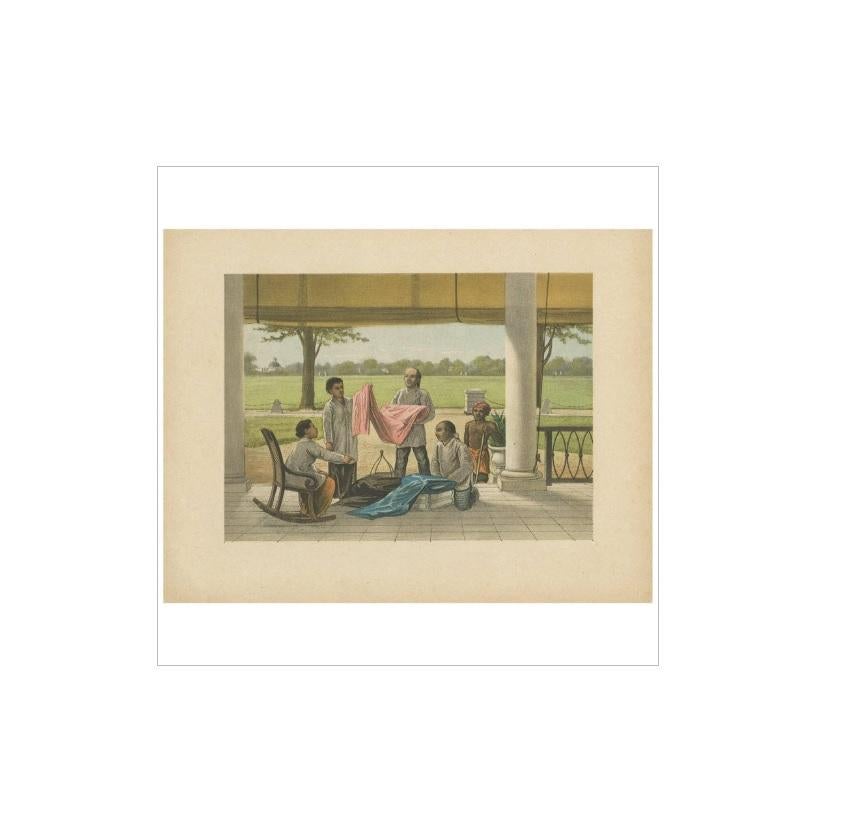 Antique print of a scene in Batavia, Indonesia. Various people are looking at different fabrics/cloths. This print originates from 'Het Kamerlid van Berkestein in Nederlandsch-Indie.', (translation: van Berkestein, member of the Dutch Parliament in