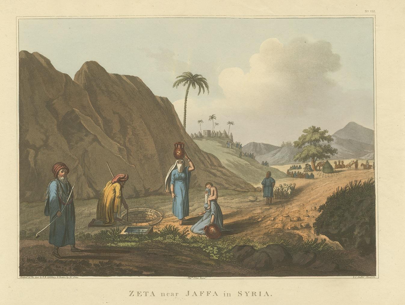 Antique aquatint titled 'Zeta near Jaffa in Syria. A scene near a well in Syria, a man draws water from the well while one woman carries a jug on her head, another woman kneels with a child clinging to her. Sketched on the spot by F.B. Spilsbury.