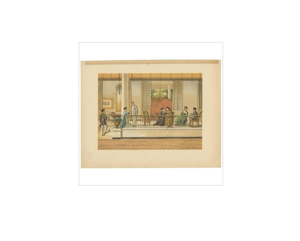 Antique print of a domestic scene of a colonial family in Tegal on Java, Indonesia. This print originates from 'Het Kamerlid van Berkestein in Nederlandsch-Indie.', (translation: van Berkestein, member of the Dutch Parliament in the Dutch