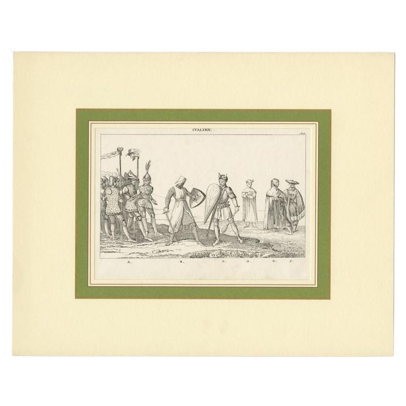 Antiker Druck einer Szene mit aufwändigen Rittern in Italien, um 1850 im Angebot