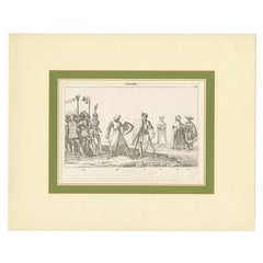 Grabado antiguo de una escena de duelos entre caballeros en Italia, c.1850
