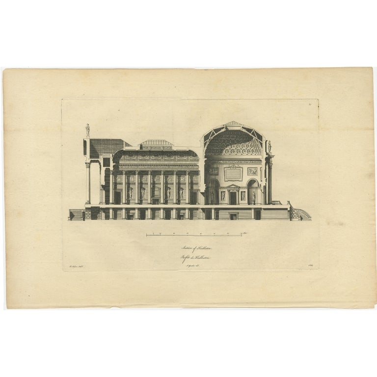 Antique print titled 'Section of Kedleston'. Old engraving with a cross section of (most likely) Kedleston Hall. 

Kedleston Hall is a neo-classical manor house, and seat of the Curzon family, located in Kedleston, Derbyshire, aprox 4 miles [6km]