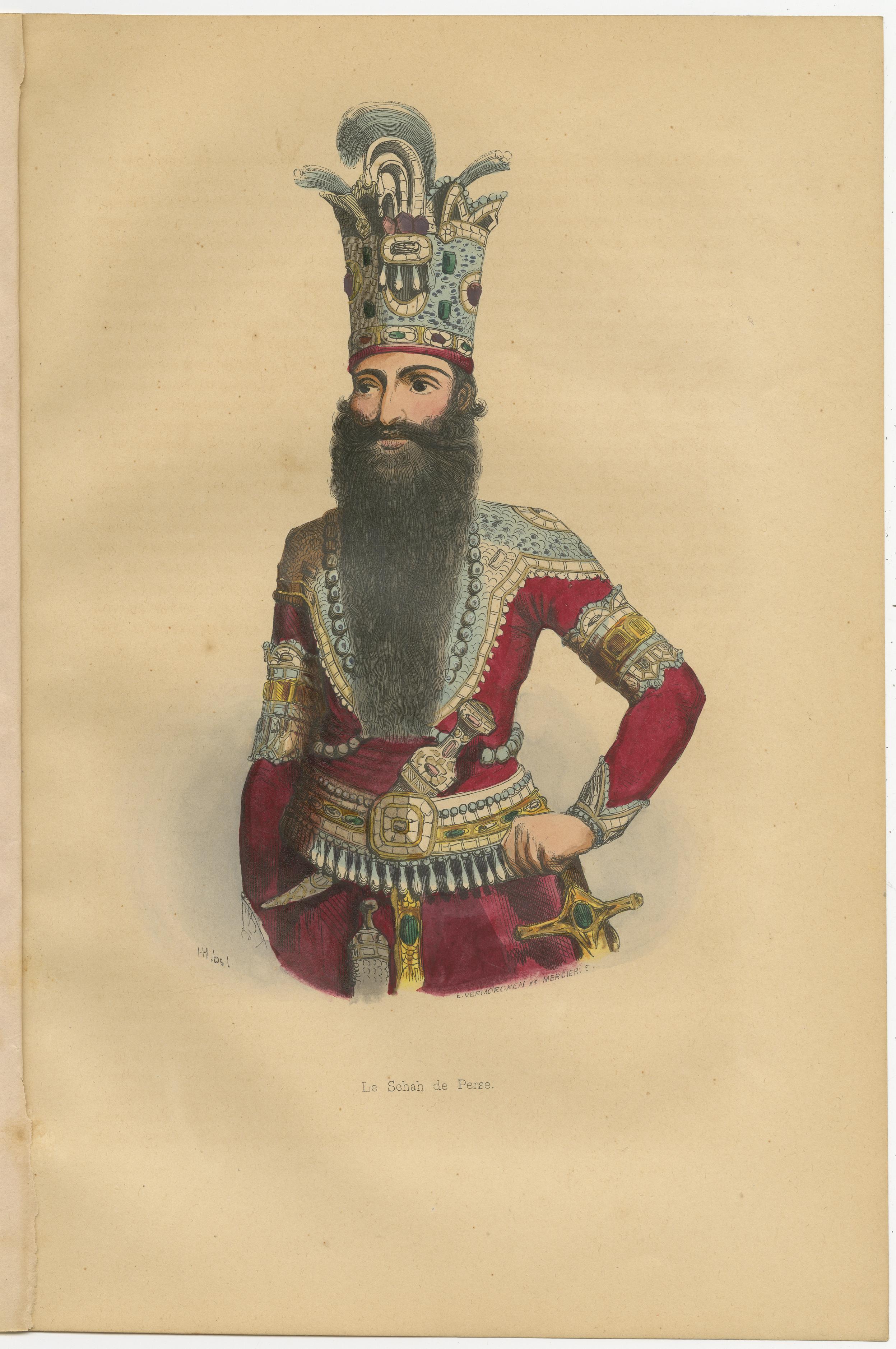 Impression ancienne d'un Shah de Perse par Wahlen, 1843 Bon état - En vente à Langweer, NL