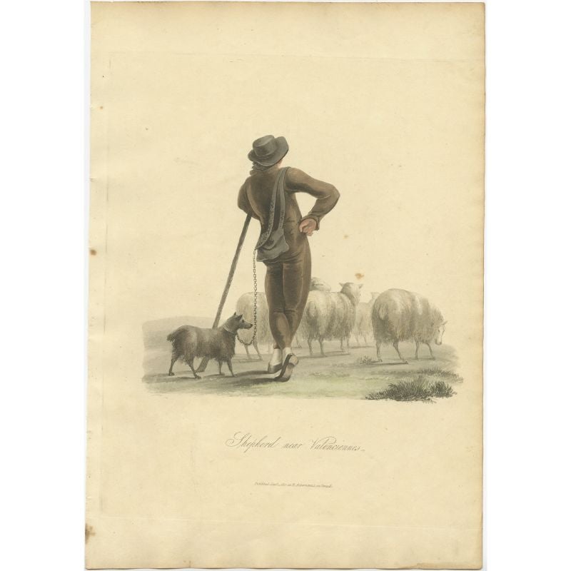 Antique costume print titled 'Shepherd near Valenciennes'. Old costume print depicting a shepherd with dog and sheep. This print originates from 'The Costume of the Netherlands displayed in thirty coloured engravings'. 

Artists and Engravers: