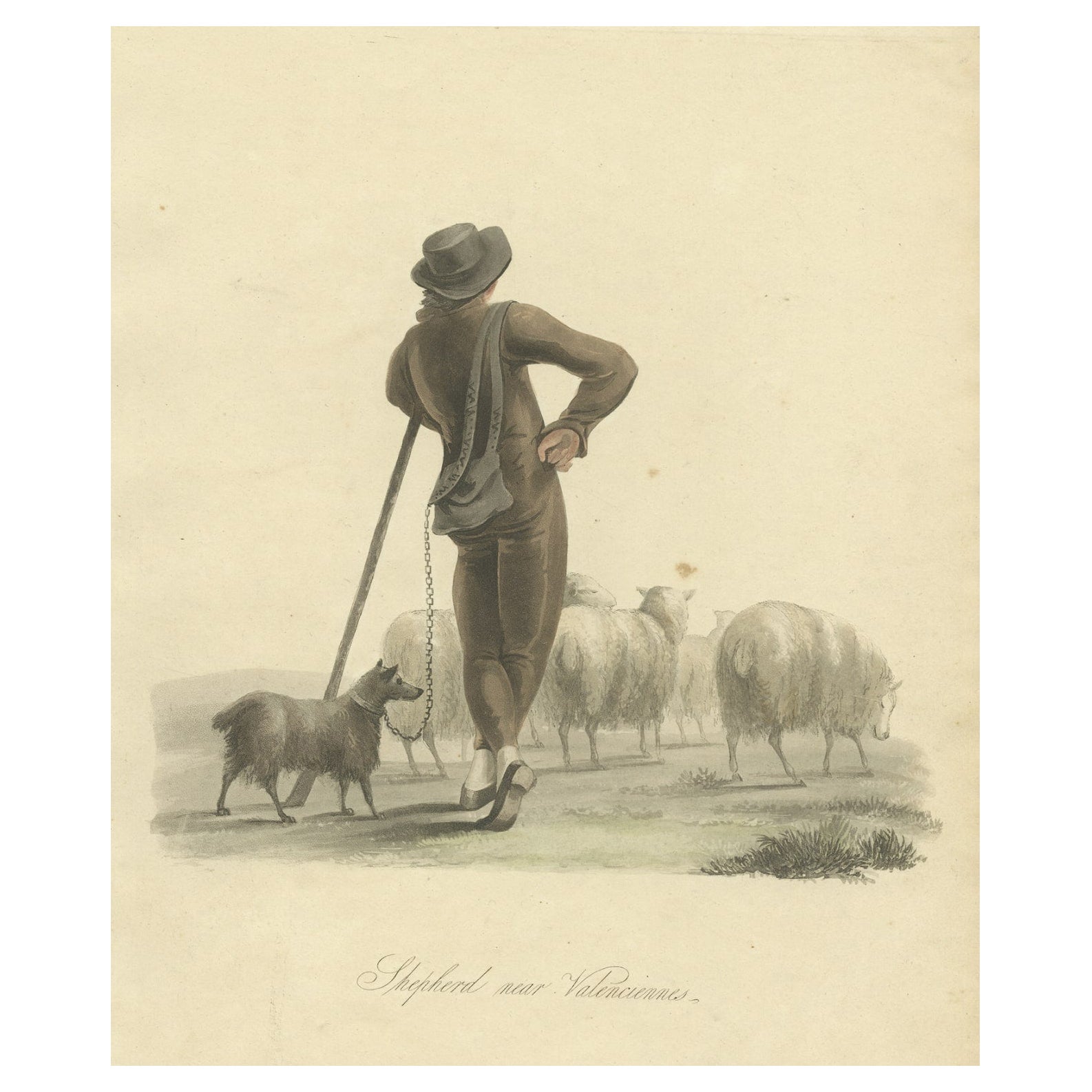 Stampa antica di un pastorello con pecore vicino a Valenciennes, 1817