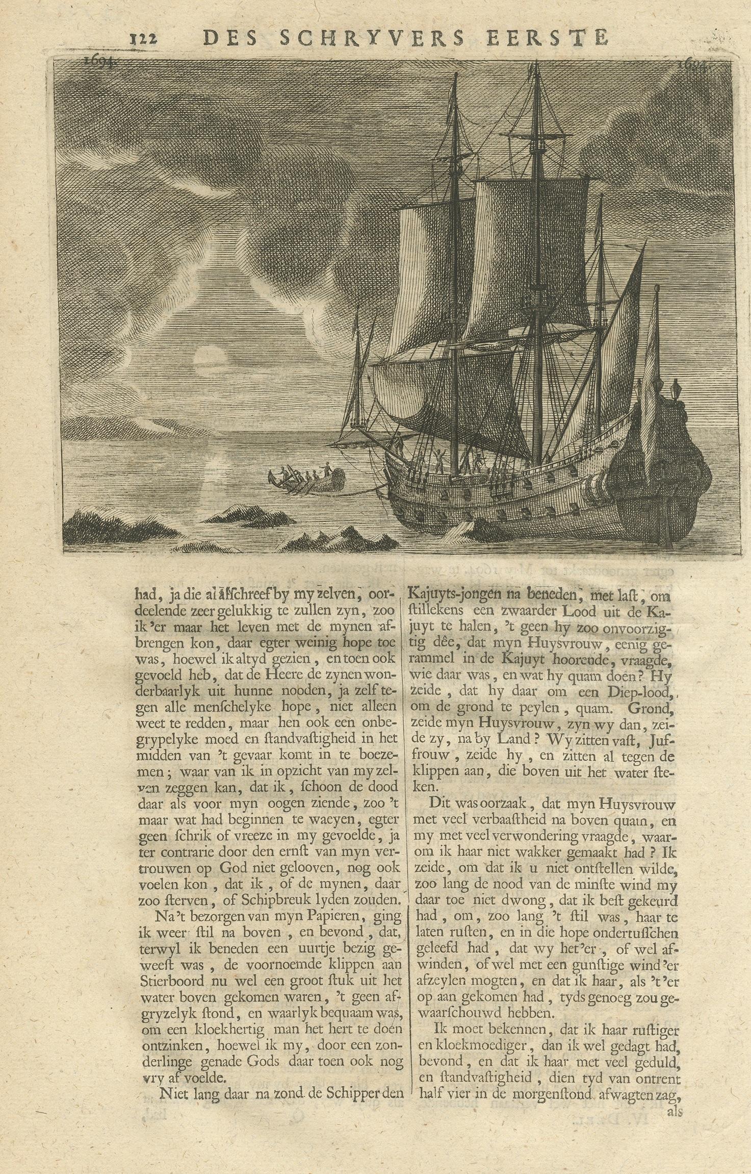 Untitled print of a ship setting sail. Text on verso. This print originates from 'Oud en Nieuw Oost-Indiën' by F. Valentijn.