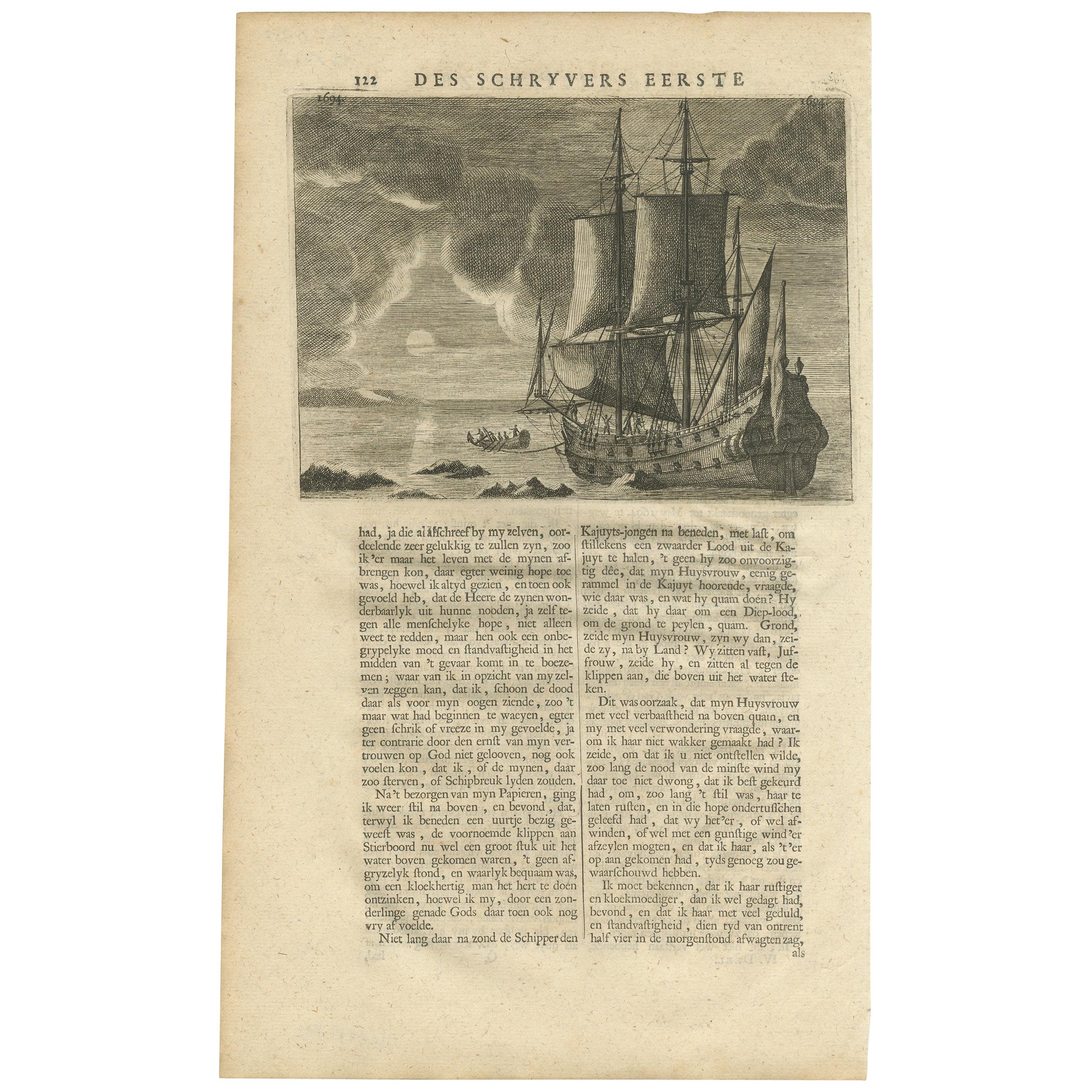 Antiker antiker Druck eines Schiffes von Valentijn, 1726