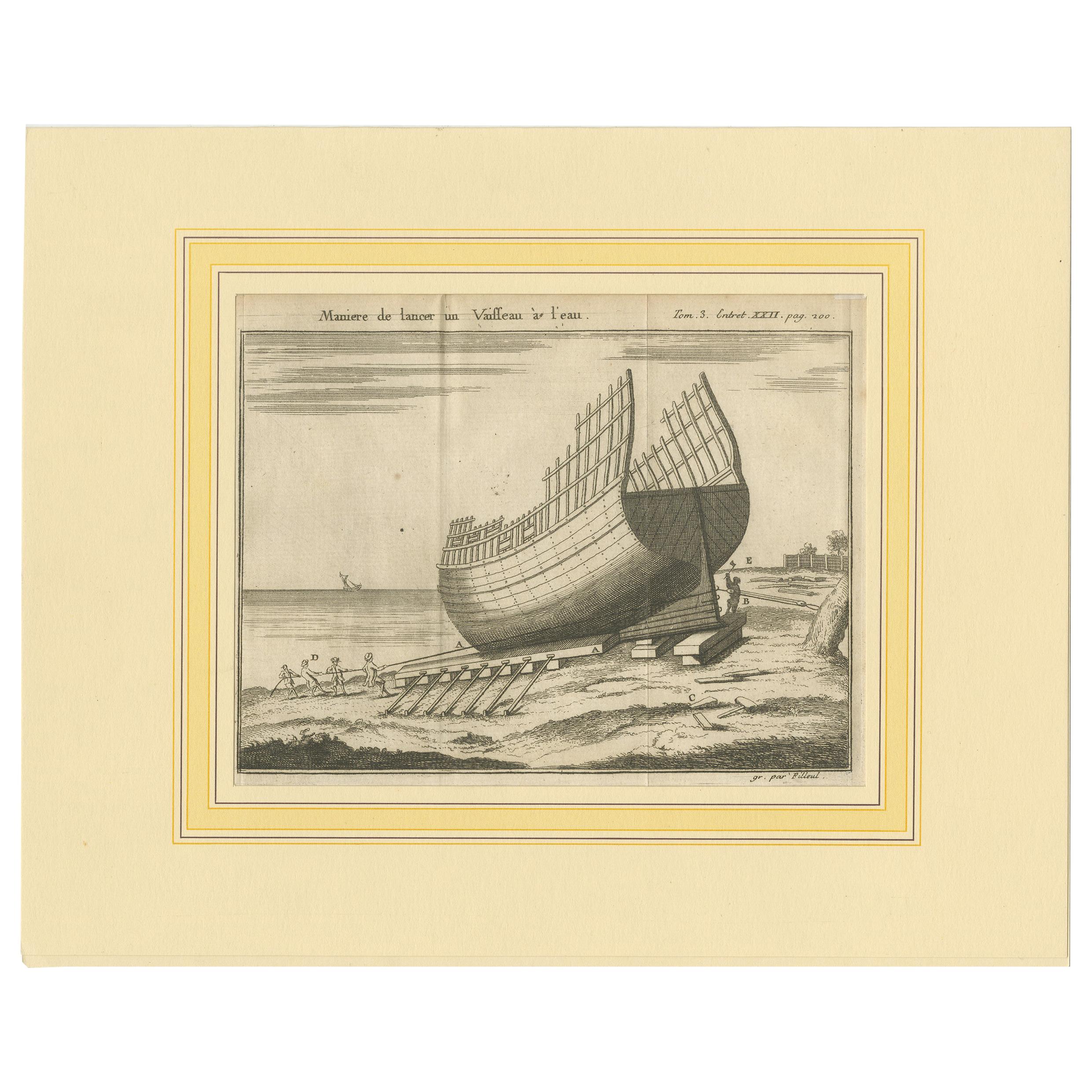 Antique Print of a Ship Launching by Pluche '1735'